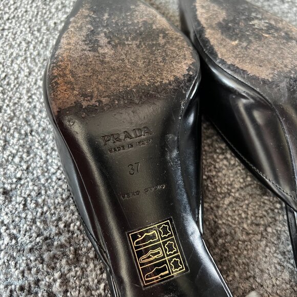 Prada Mules Black Leather Slip On Kitten Heels Slides Shoes Size 37 Made Italy - Picture 11 of 16